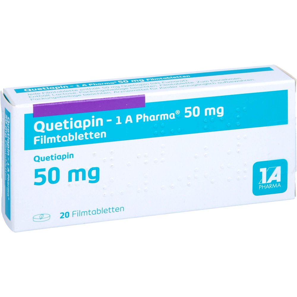 Das Produktfoto zeigt Quetiapin-1a Pharma 50 Mg Filmtabletten (20 stk) PZN 09494564