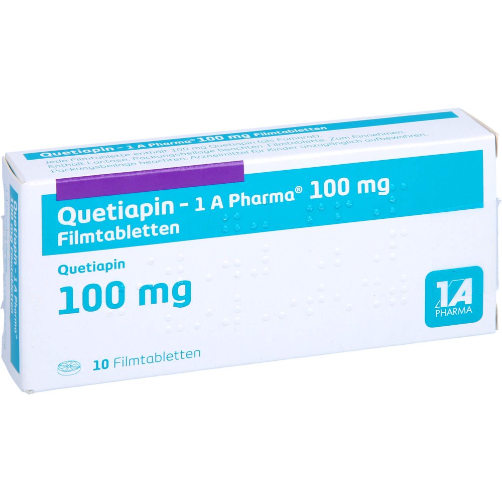 Das Produktfoto zeigt Quetiapin-1a Pharma 100 Mg Filmtabletten (10 stk) PZN 09494624