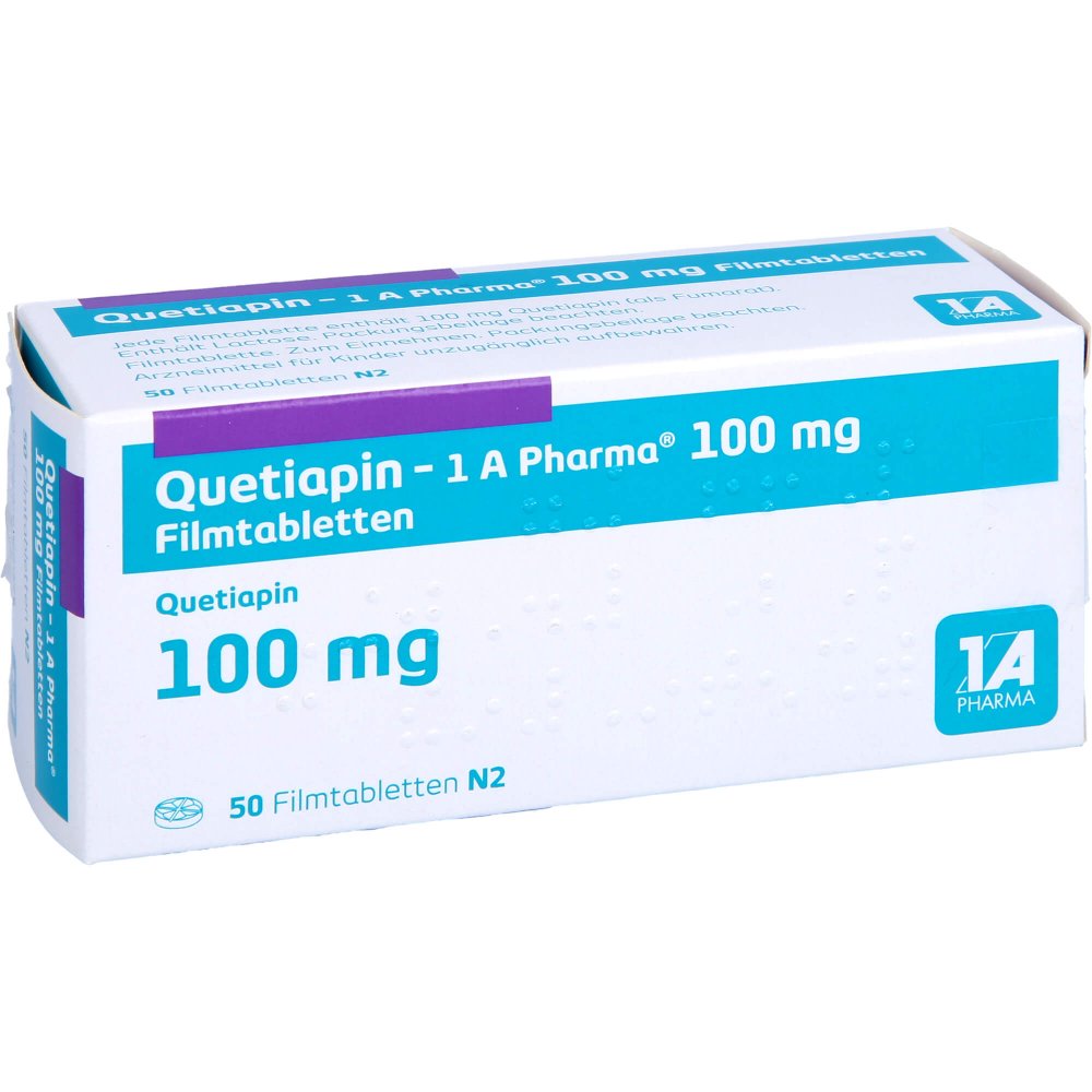 Das Produktfoto zeigt Quetiapin-1a Pharma 100 Mg Filmtabletten (50 stk) PZN 09494794