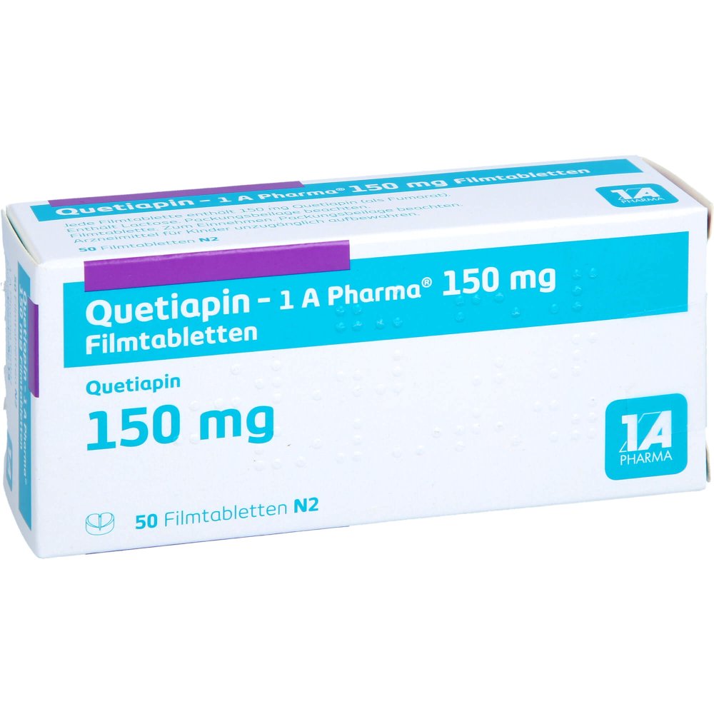 Das Produktfoto zeigt Quetiapin-1a Pharma 150 Mg Filmtabletten (50 stk) PZN 09494831