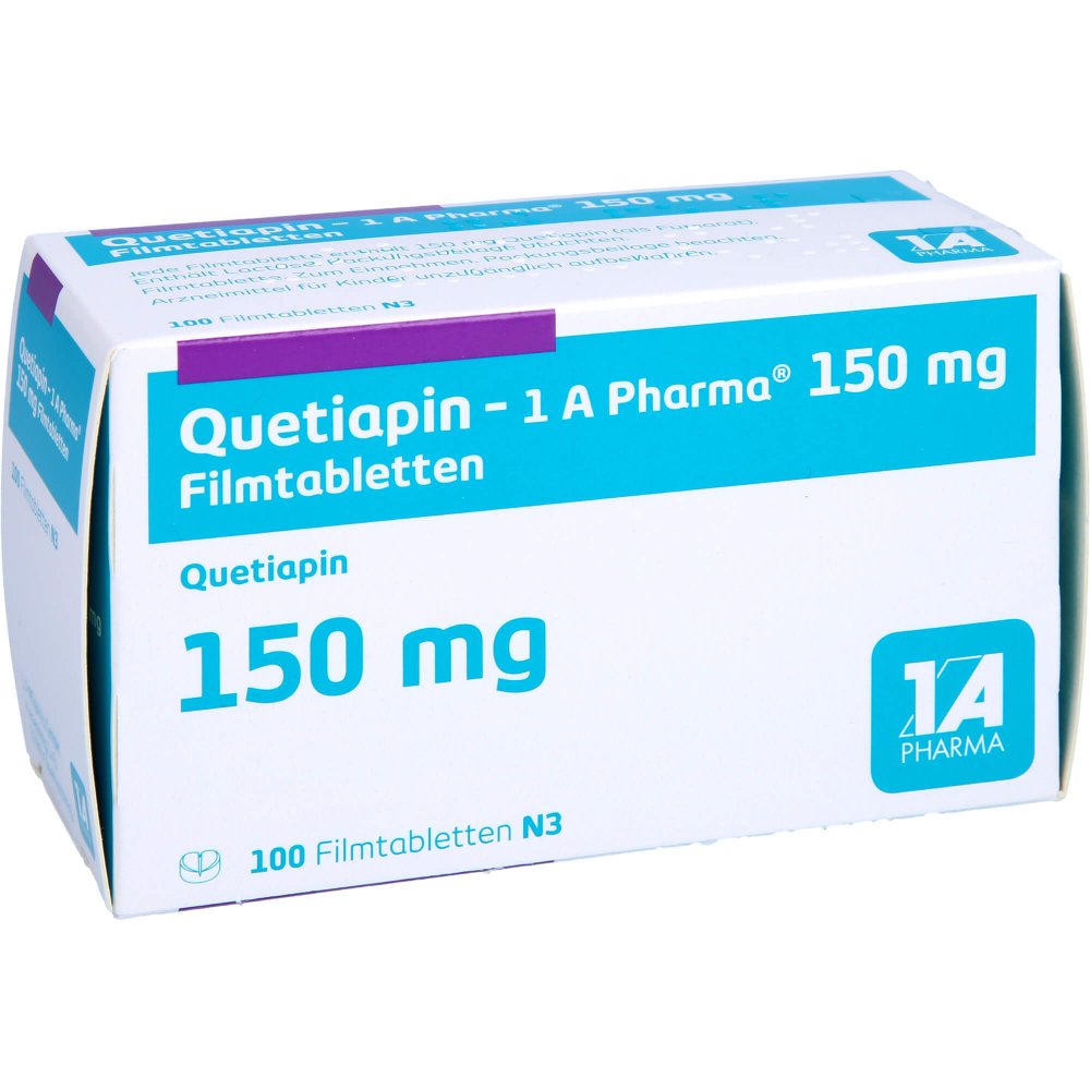 Das Produktfoto zeigt Quetiapin-1a Pharma 150 Mg Filmtabletten (100 stk) PZN 09494848