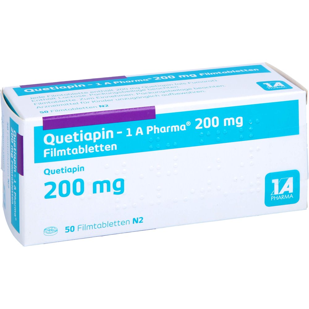 Das Produktfoto zeigt Quetiapin-1a Pharma 200 Mg Filmtabletten (50 stk) PZN 09494877