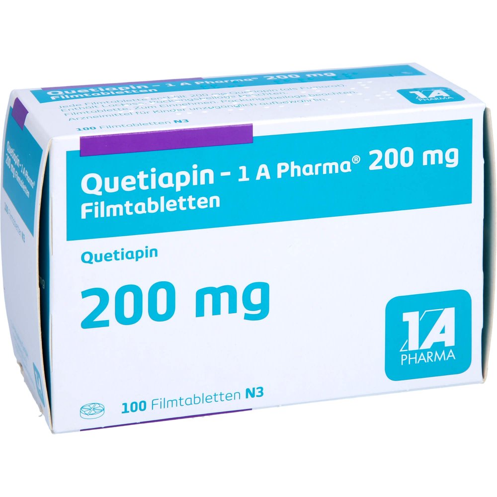 Das Produktfoto zeigt Quetiapin-1a Pharma 200 Mg Filmtabletten (100 stk) PZN 09494908