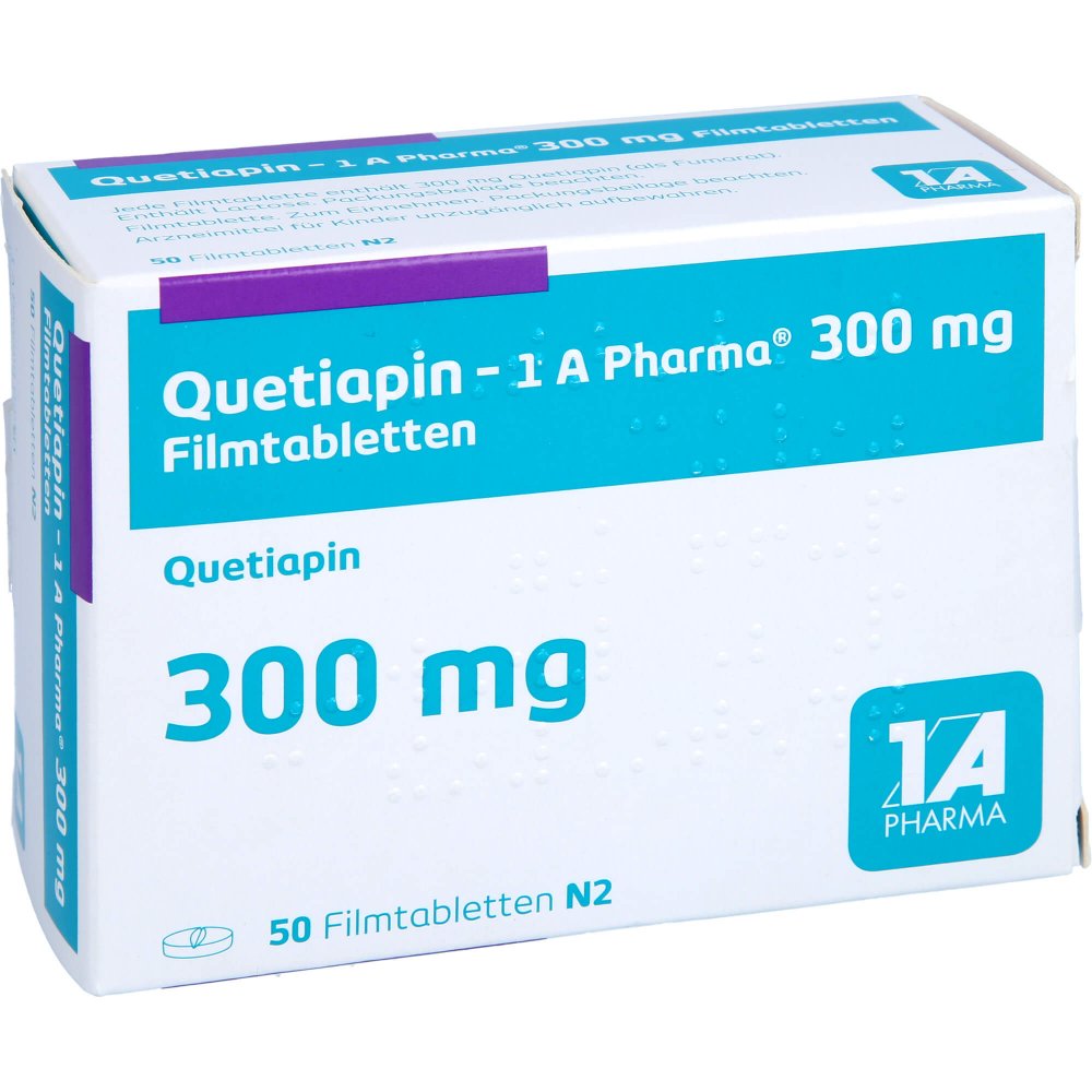 Das Produktfoto zeigt Quetiapin-1a Pharma 300 Mg Filmtabletten (50 stk) PZN 09494937