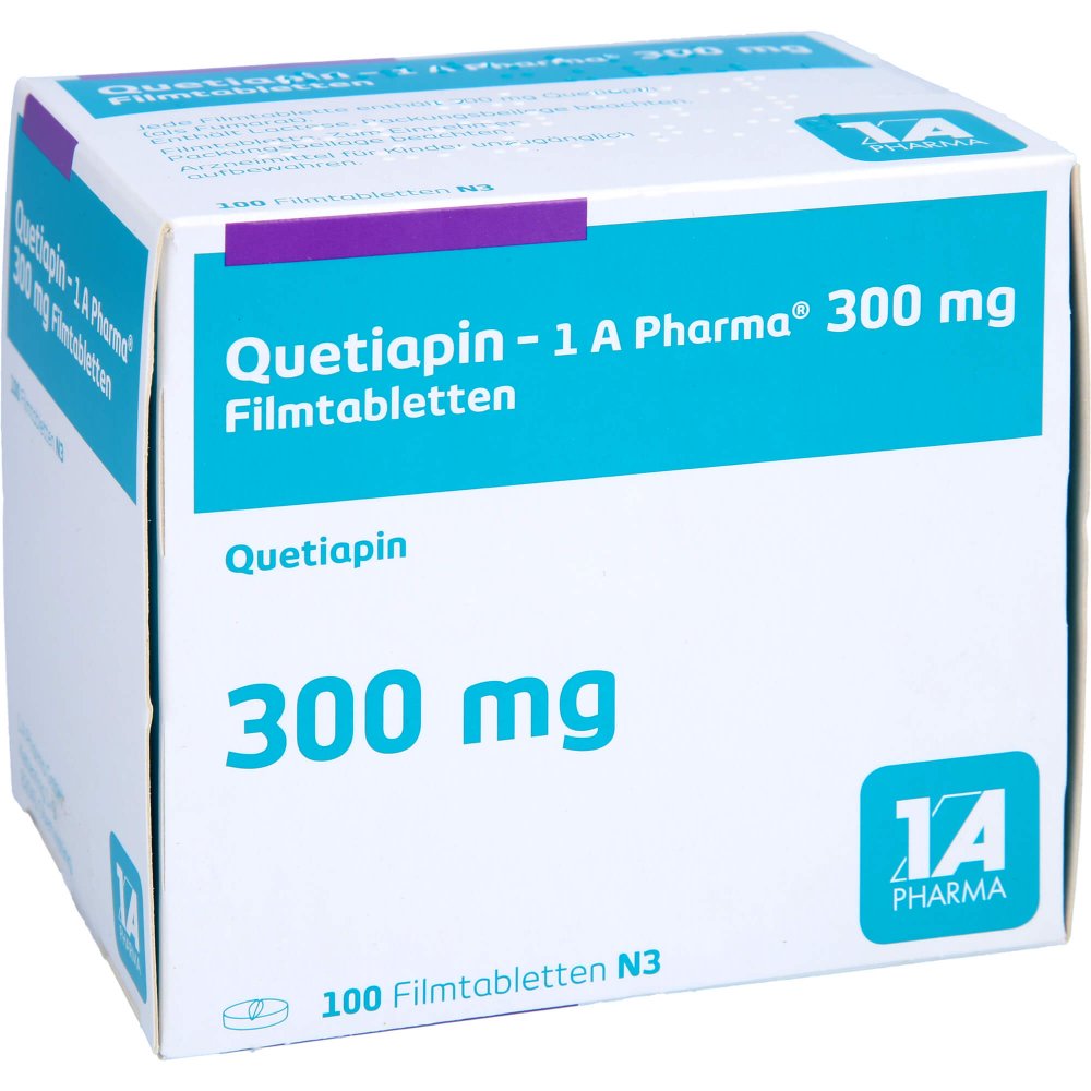 Das Produktfoto zeigt Quetiapin-1a Pharma 300 Mg Filmtabletten (100 stk) PZN 09494943