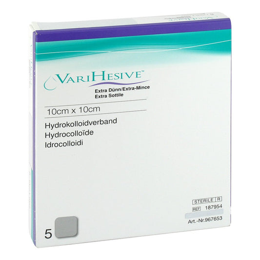 Das Produktfoto zeigt Varihesive Extra Dünn 10x10 Cm Hkv Hydroakt.967653 (5 stk) PZN 09505055