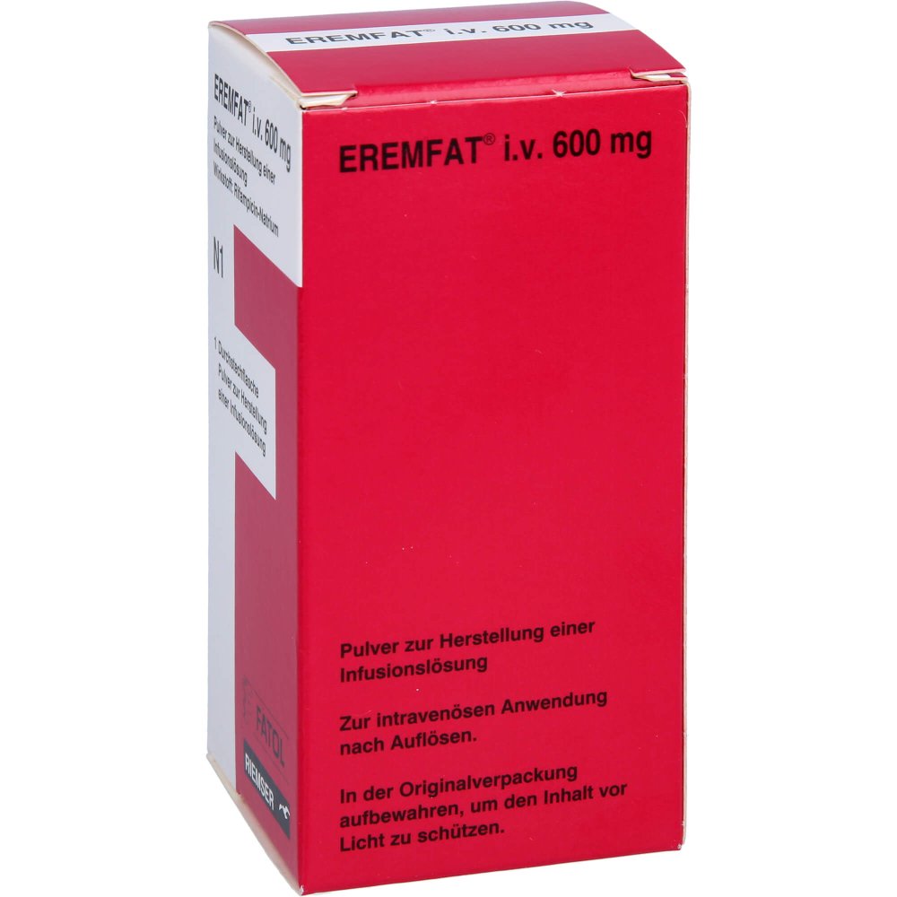 Das Produktfoto zeigt Eremfat I.V. 600 Mg Pulver Z.Herst.E.Infusionslsg. (1 stk) PZN 09505109