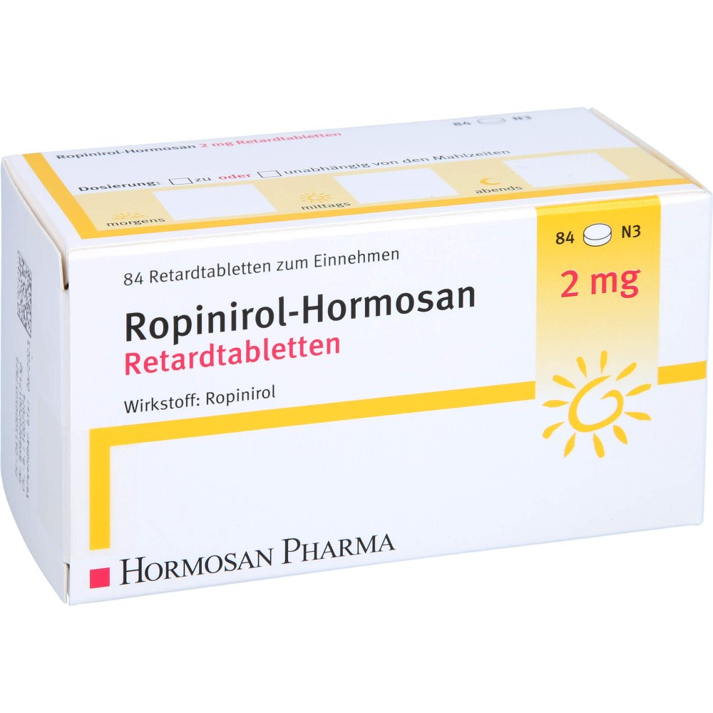 Das Produktfoto zeigt Ropinirol Hormosan 2 Mg Retardtabletten (84 stk) PZN 09505782