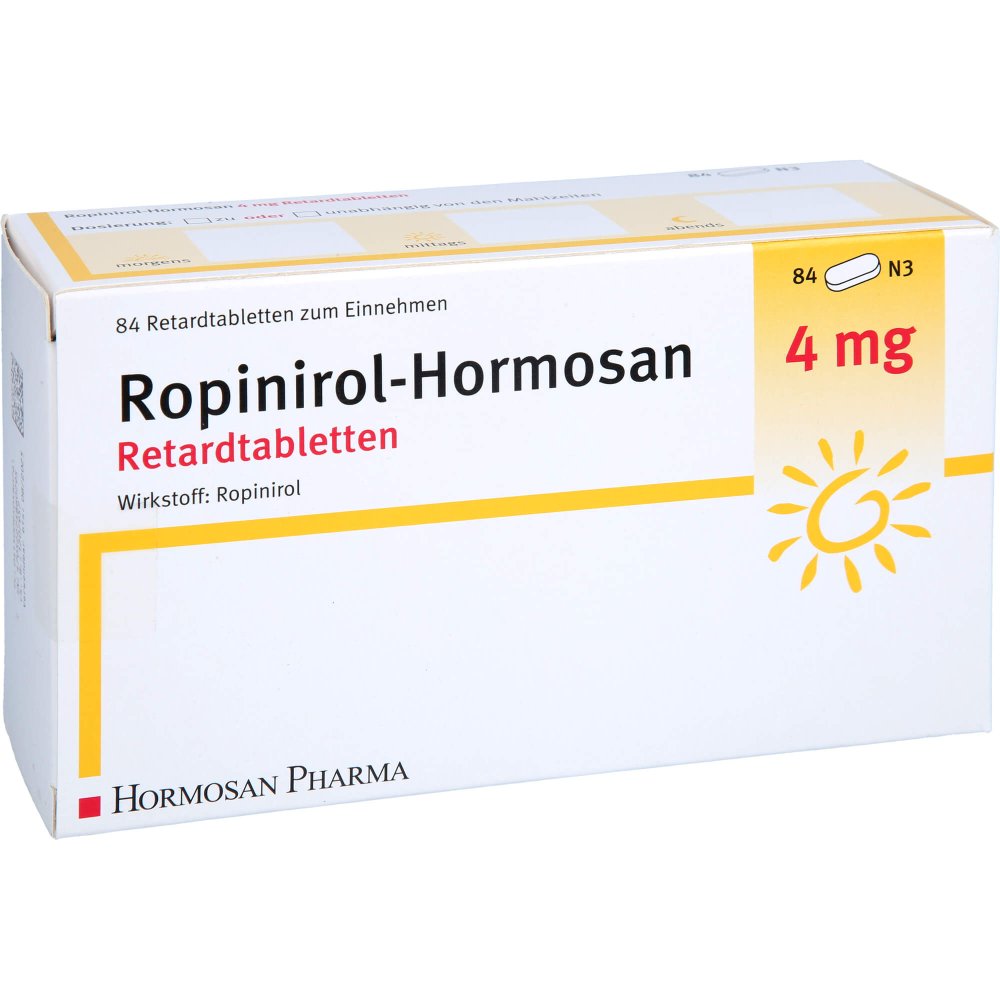 Das Produktfoto zeigt Ropinirol Hormosan 4 Mg Retardtabletten (84 stk) PZN 09505807