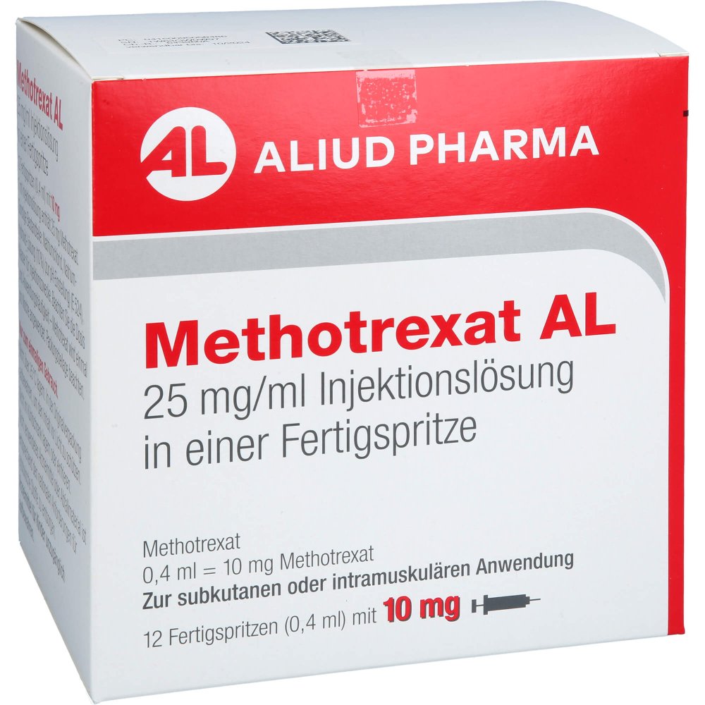 Das Produktfoto zeigt Methotrexat Al 10 Mg (25 Mg/Ml) Inj.-Lsg.I.E.Fs (12X0.4 ml) PZN 09505948
