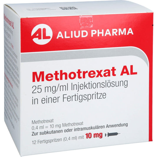 Das Produktfoto zeigt Methotrexat Al 10 Mg (25 Mg/Ml) Inj.-Lsg.I.E.Fs (12X0.4 ml) PZN 09505948