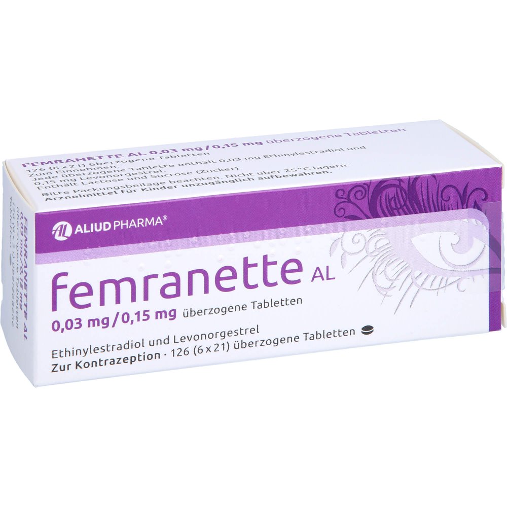 Das Produktfoto zeigt Femranette Al 0,03 Mg/0,15 Mg Überzogene Tab. (6X21 stk) PZN 09512440