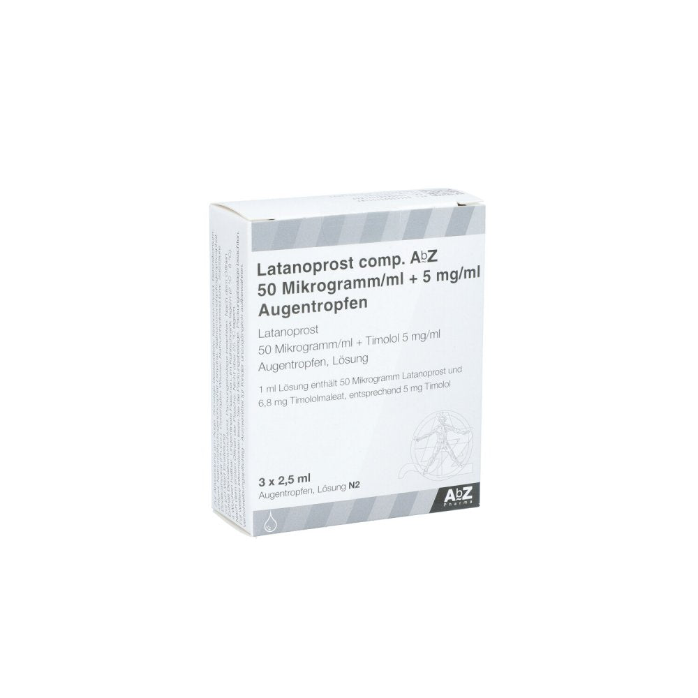 Das Produktfoto zeigt Latanoprost Comp.Abz 50 Μg/Ml+5 Mg/Ml Augentropfen (3X2.5 ml) PZN 09515148