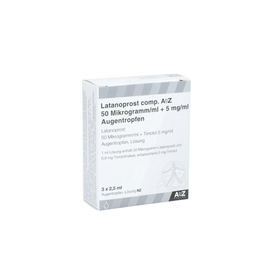 Das Produktfoto zeigt Latanoprost Comp.Abz 50 Μg/Ml+5 Mg/Ml Augentropfen (3X2.5 ml) PZN 09515148