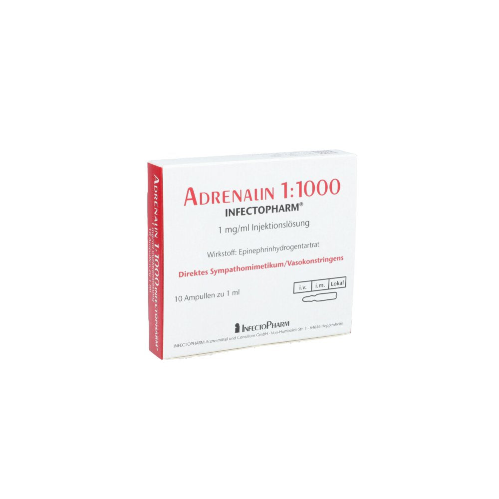 Das Produktfoto zeigt Adrenalin 1:1.000 Infectopharm Injektionslösung PZN 09517006