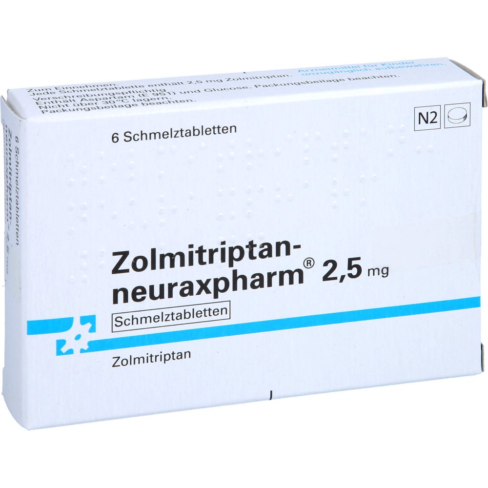 Das Produktfoto zeigt Zolmitriptan-Neuraxpharm 2,5 Mg Schmelztabletten (6 stk) PZN 09536759