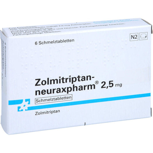 Das Produktfoto zeigt Zolmitriptan-Neuraxpharm 2,5 Mg Schmelztabletten (6 stk) PZN 09536759