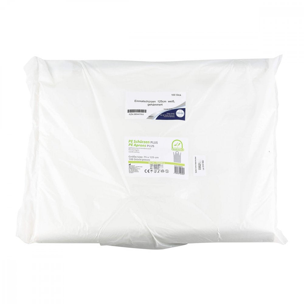 Das Produktfoto zeigt Einmal Schürzen Pe 125 Cm Weiß (100 stk) PZN 09544196