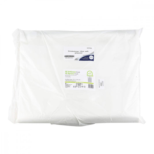 Das Produktfoto zeigt Einmal Schürzen Pe 125 Cm Weiß (100 stk) PZN 09544196