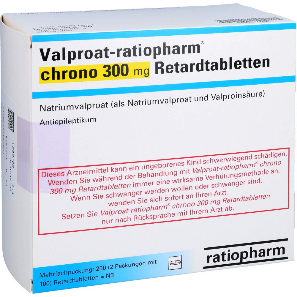 Das Produktfoto zeigt Valproat-Ratiopharm Chrono 300 Mg Retardtabletten (200 stk) PZN 09544836