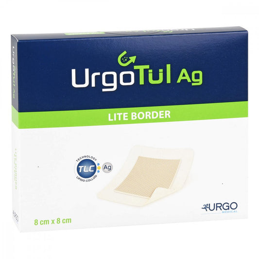 Das Produktfoto zeigt Urgotül Ag Lite Border 8x8 Cm Verband (10 stk) PZN 09607117
