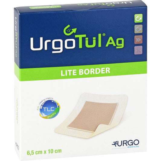 Das Produktfoto zeigt Urgotül Ag Lite Border 6,5x10 Cm Verband (10 stk) PZN 09607146
