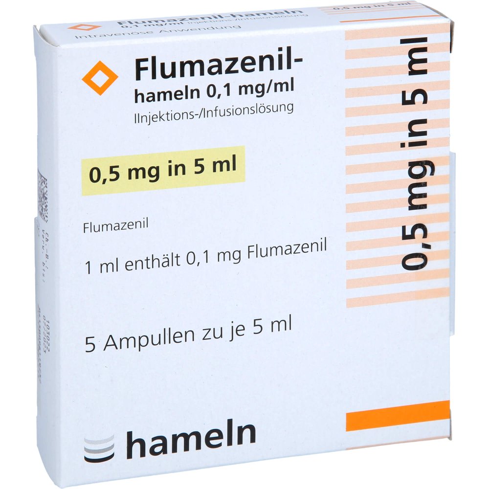 Das Produktfoto zeigt Flumazenil-Hameln 0,1mg/Ml Injektionslösung (1X5X5 ml) PZN 09611975