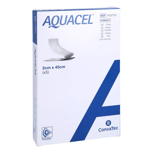 Das Produktfoto zeigt Aquacel Hydrosorption 2x45 Cm Tamponaden (5 stk) PZN 09612727
