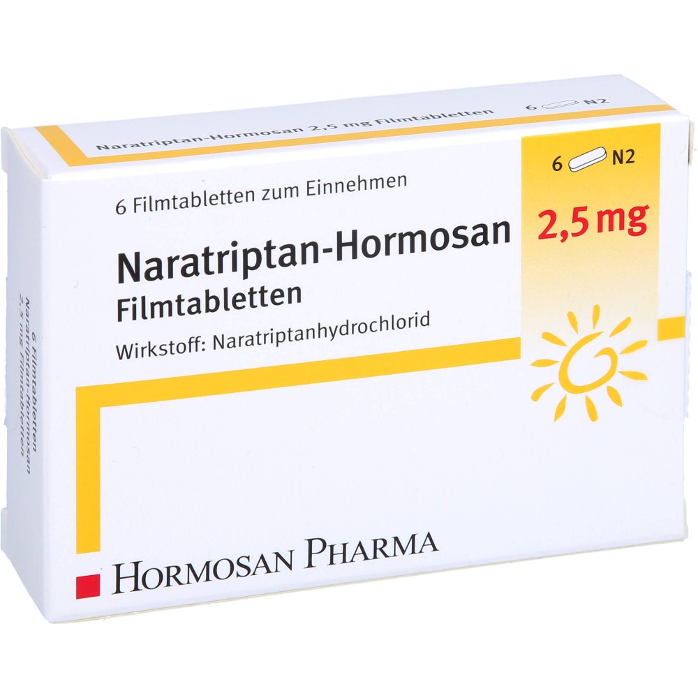 Das Produktfoto zeigt Naratriptan Hormosan 2,5 Mg Filmtabletten (6 stk) PZN 09613307