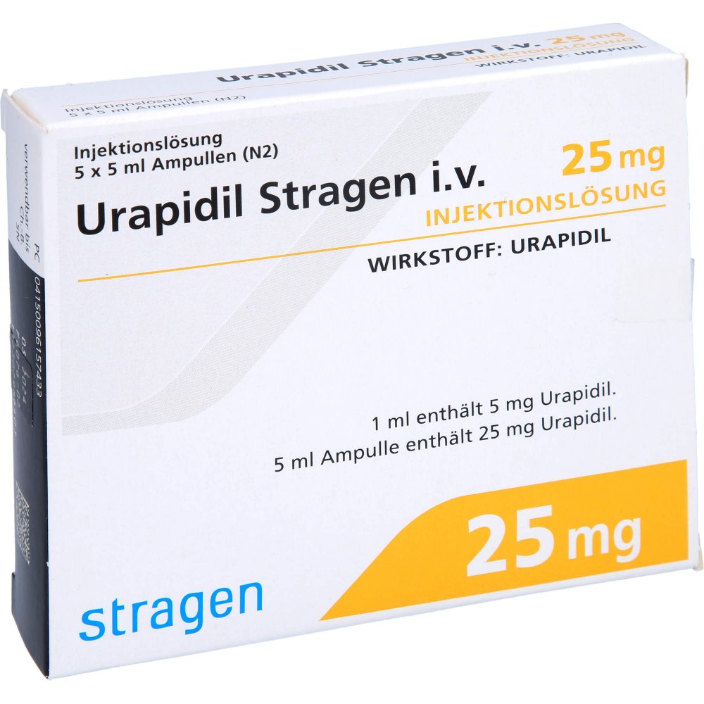Das Produktfoto zeigt Urapidil Stragen I.V. 25 Mg Ampullen (5 stk) PZN 09615743