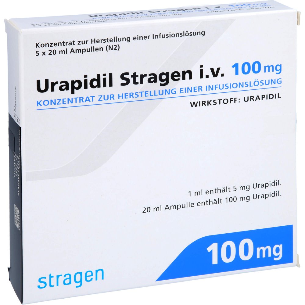 Das Produktfoto zeigt Urapidil Stragen I.V. 100 Mg Ampullen (5 stk) PZN 09615772