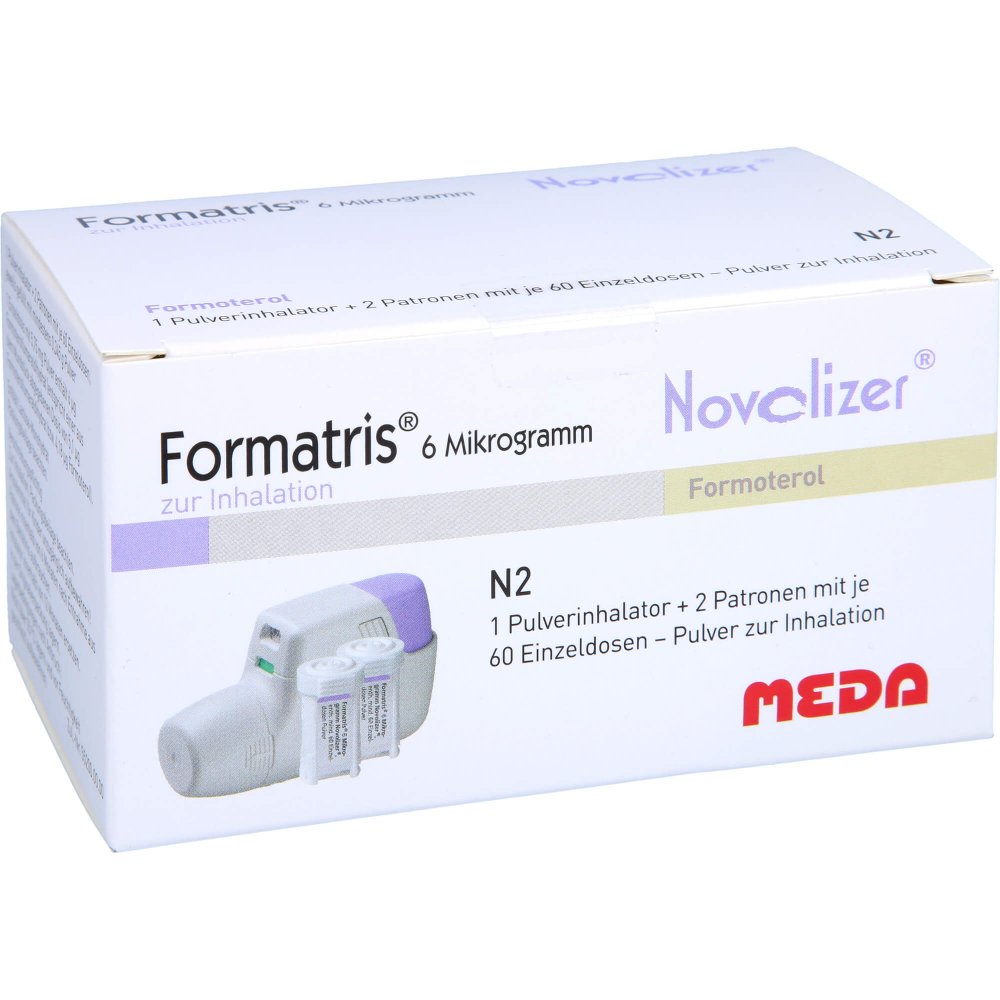 Das Produktfoto zeigt Formatris 6μg Novolizer 2x60 Ed Inhalator+Patrone (2 stk) PZN 09617535