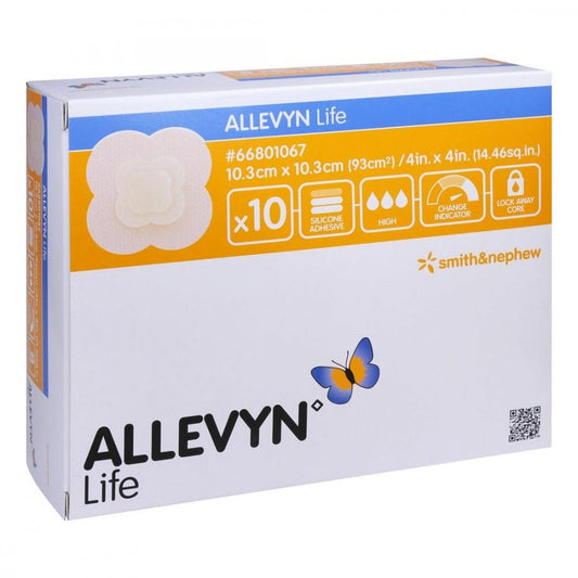 Das Produktfoto zeigt Allevyn Life 10,3x10,3 Cm Silikonschaumverband (10 stk) PZN 09634019