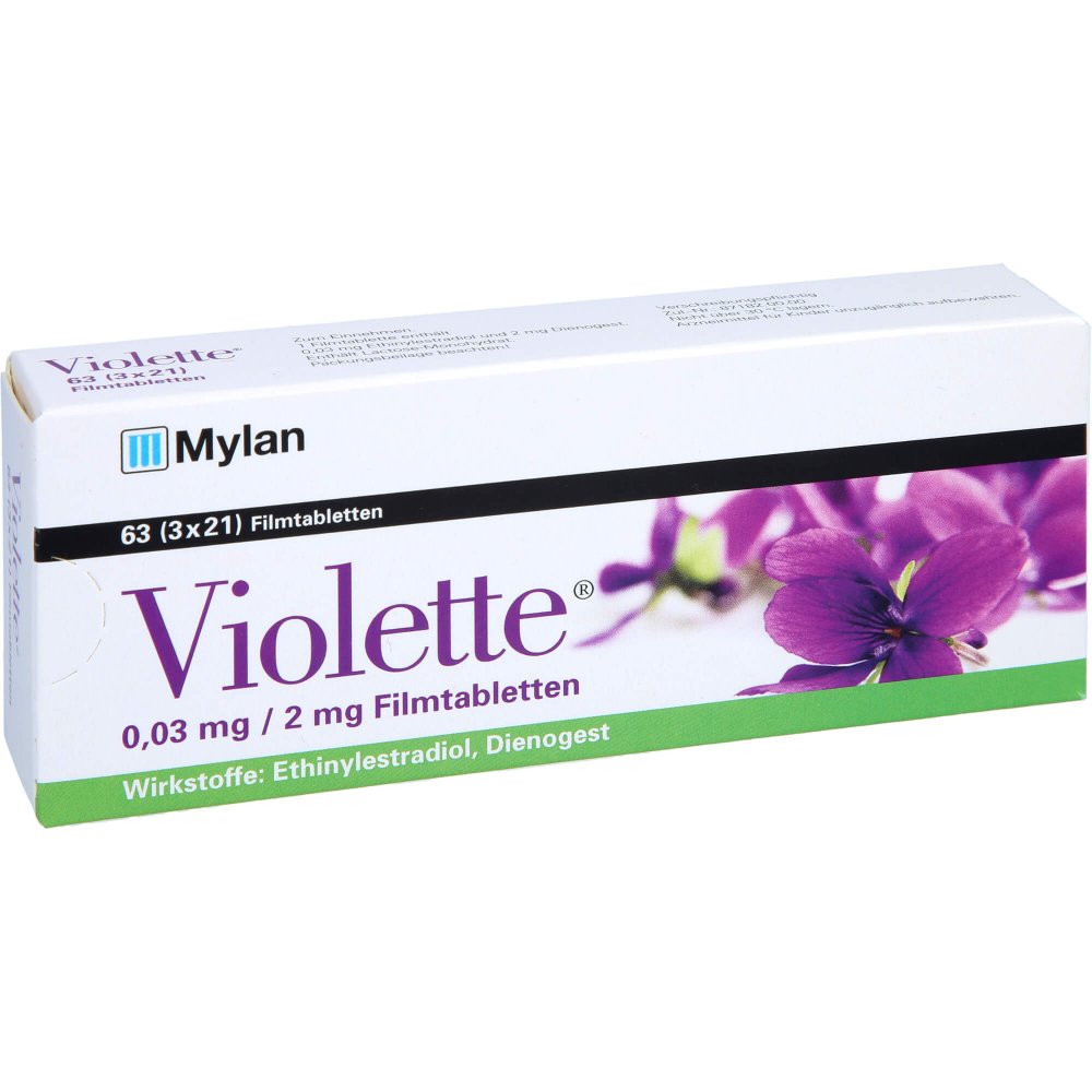 Das Produktfoto zeigt Violette 0,03 Mg/2 Mg Filmtabletten (63 stk) PZN 09638856
