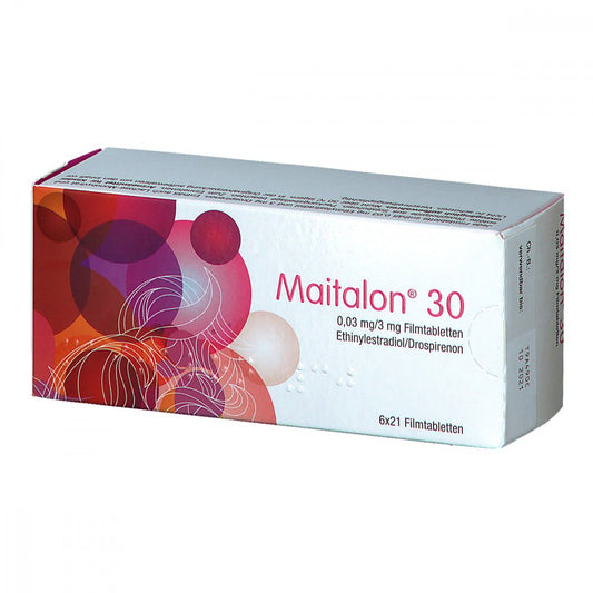 Das Produktfoto zeigt Maitalon 30 0,03 Mg/3 Mg Filmtabletten (6X21 stk) PZN 09648501