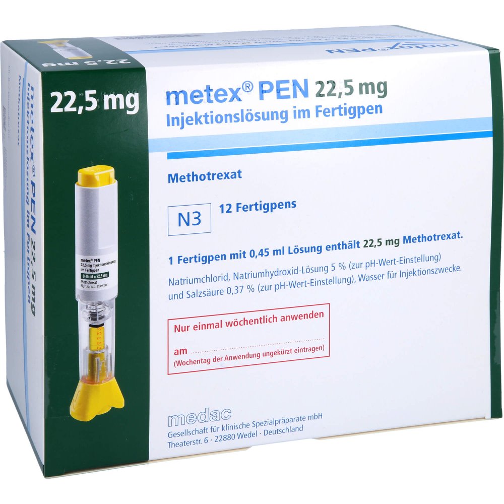 Das Produktfoto zeigt Metex Pen 22,5 Mg (50mg/Ml) Inj.-Lsg.I.E.Fertigpen (12 stk) PZN 09668426