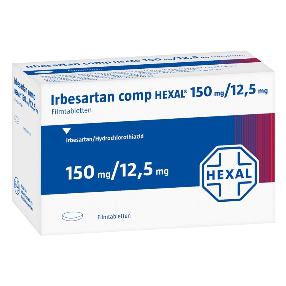Das Produktfoto zeigt Irbesartan Comp Hexal 150 Mg/12,5 Mg Filmtabletten (98 stk) PZN 09672066
