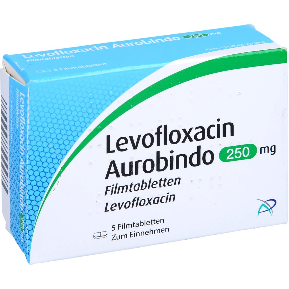 Das Produktfoto zeigt Levofloxacin Aurobindo 250 Mg Filmtabletten (5 stk) PZN 09673700