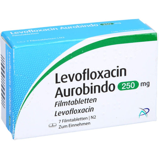 Das Produktfoto zeigt Levofloxacin Aurobindo 250 Mg Filmtabletten (7 stk) PZN 09673717