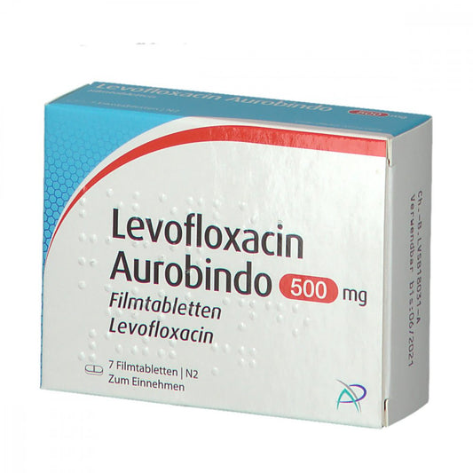 Das Produktfoto zeigt Levofloxacin Aurobindo 500 Mg Filmtabletten (7 stk) PZN 09673746
