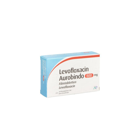 Das Produktfoto zeigt Levofloxacin Aurobindo 500 Mg Filmtabletten (10 stk) PZN 09673752