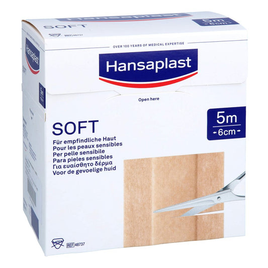 Das Produktfoto zeigt Hansaplast Soft Pflaster 6 Cmx5 M Rolle (1 stk) PZN 09678086