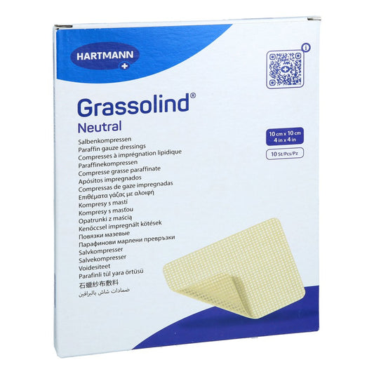Das Produktfoto zeigt Grassolind Salbenkompressen 10x10 Cm Steril (10 stk) PZN 09680545