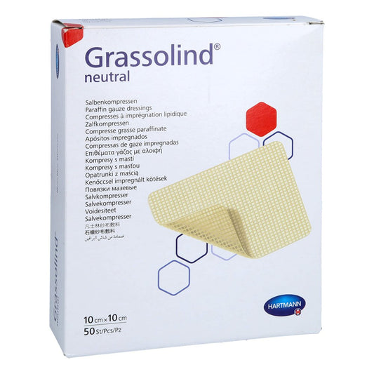 Das Produktfoto zeigt Grassolind Salbenkompressen 10x10 Cm Steril (50 stk) PZN 09680551