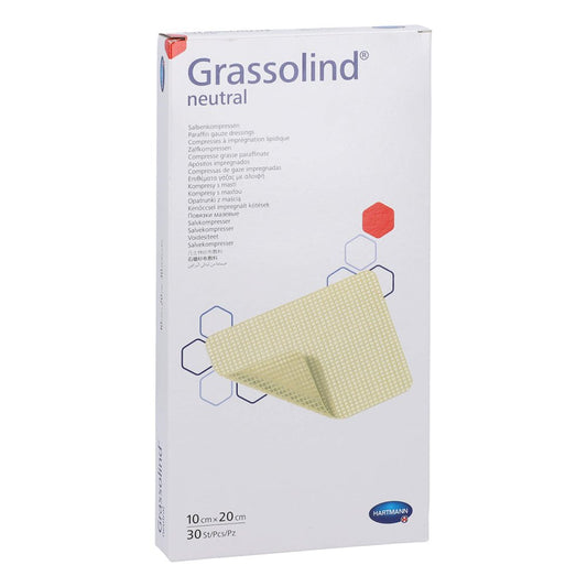 Das Produktfoto zeigt Grassolind Salbenkompressen 10x20 Cm Steril (30 stk) PZN 09680568
