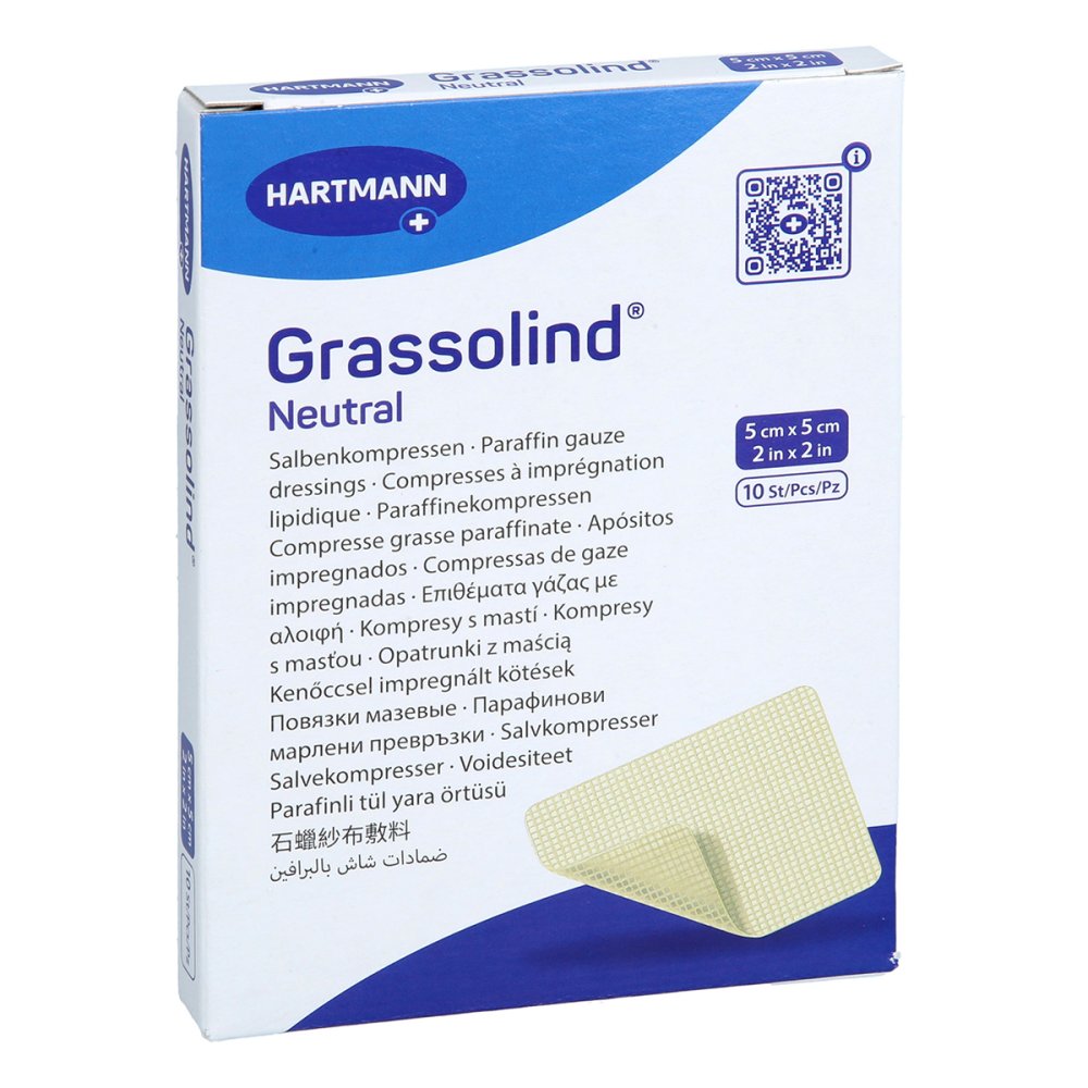 Das Produktfoto zeigt Grassolind Salbenkompressen 5x5 Cm Steril (10 stk) PZN 09680574