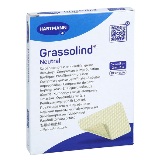 Das Produktfoto zeigt Grassolind Salbenkompressen 5x5 Cm Steril (10 stk) PZN 09680574