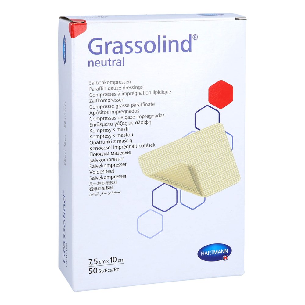 Das Produktfoto zeigt Grassolind Salbenkompressen 7,5x10 Cm Steril (50 stk) PZN 09680605