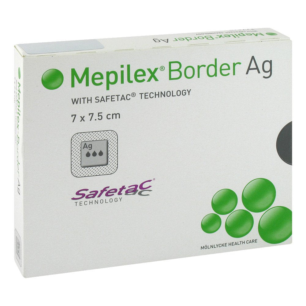 Das Produktfoto zeigt Mepilex Border Ag Schaumverb.7x7,5 Cm Steril (5 stk) PZN 09680806