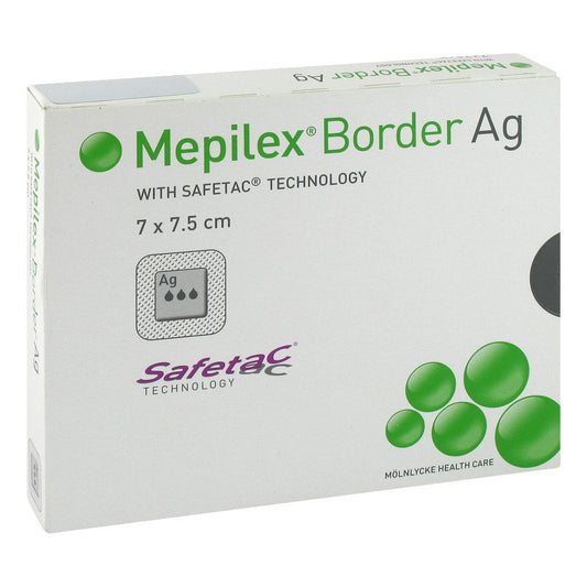 Das Produktfoto zeigt Mepilex Border Ag Schaumverb.7x7,5 Cm Steril (5 stk) PZN 09680806